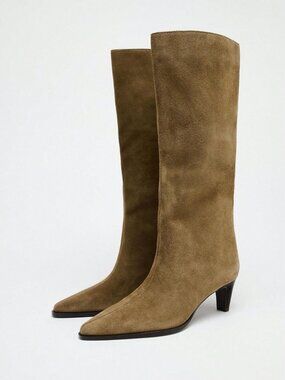 Khaki Western Women's faux Suede Kitten Heel Tall Boots,